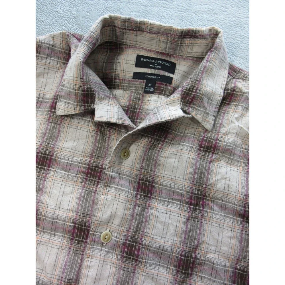 Banana Republic Shirt Mens Medium Linen Blend Standard Fit Plaid Beige Long Slv.